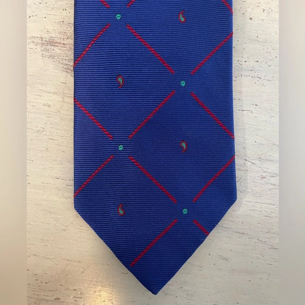 Paul Stuart Made in‎ USA Paisley Check Woven Silk Tie in Blue (Multi) $195